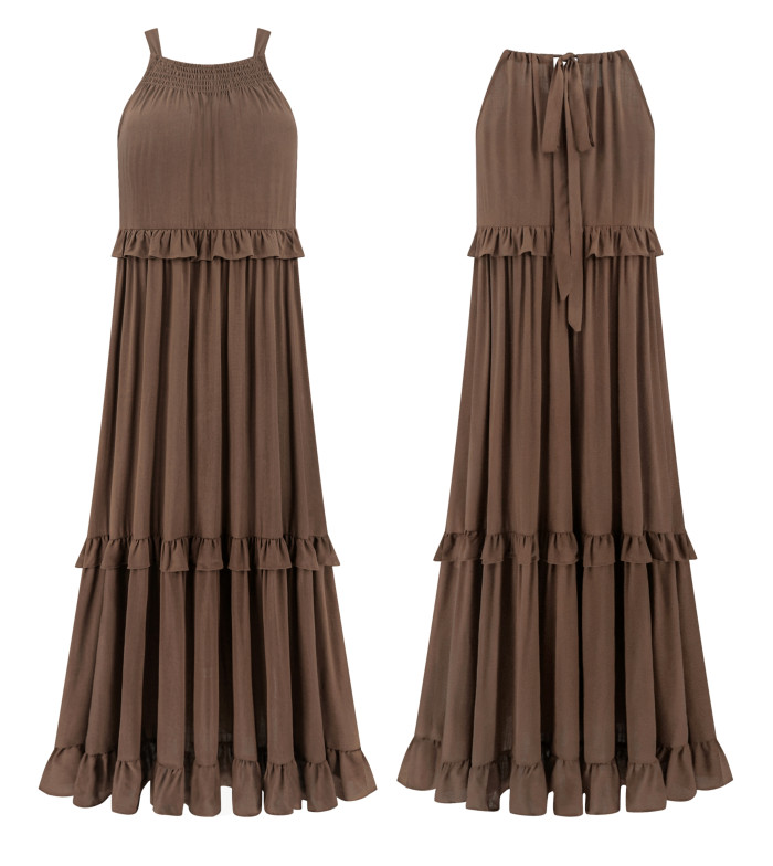 R.Vivimos Womens Summer Dress Cotton Sleeveless Halter Layered Ruffles Casual Boho Flowy Maxi Dress