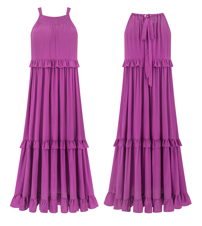 R.Vivimos Womens Summer Dress Cotton Sleeveless Halter Layered Ruffles Casual Boho Flowy Maxi Dress