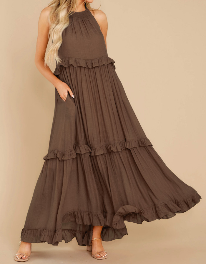 R.Vivimos Womens Summer Dress Cotton Sleeveless Halter Layered Ruffles Casual Boho Flowy Maxi Dress
