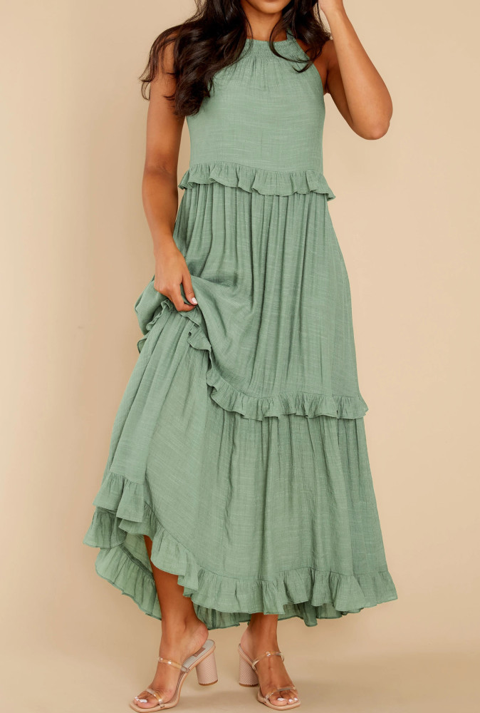 R.Vivimos Womens Summer Dress Cotton Sleeveless Halter Layered Ruffles Casual Boho Flowy Maxi Dress