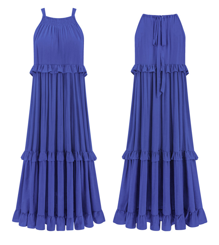 R.Vivimos Womens Summer Dress Cotton Sleeveless Halter Layered Ruffles Casual Boho Flowy Maxi Dress