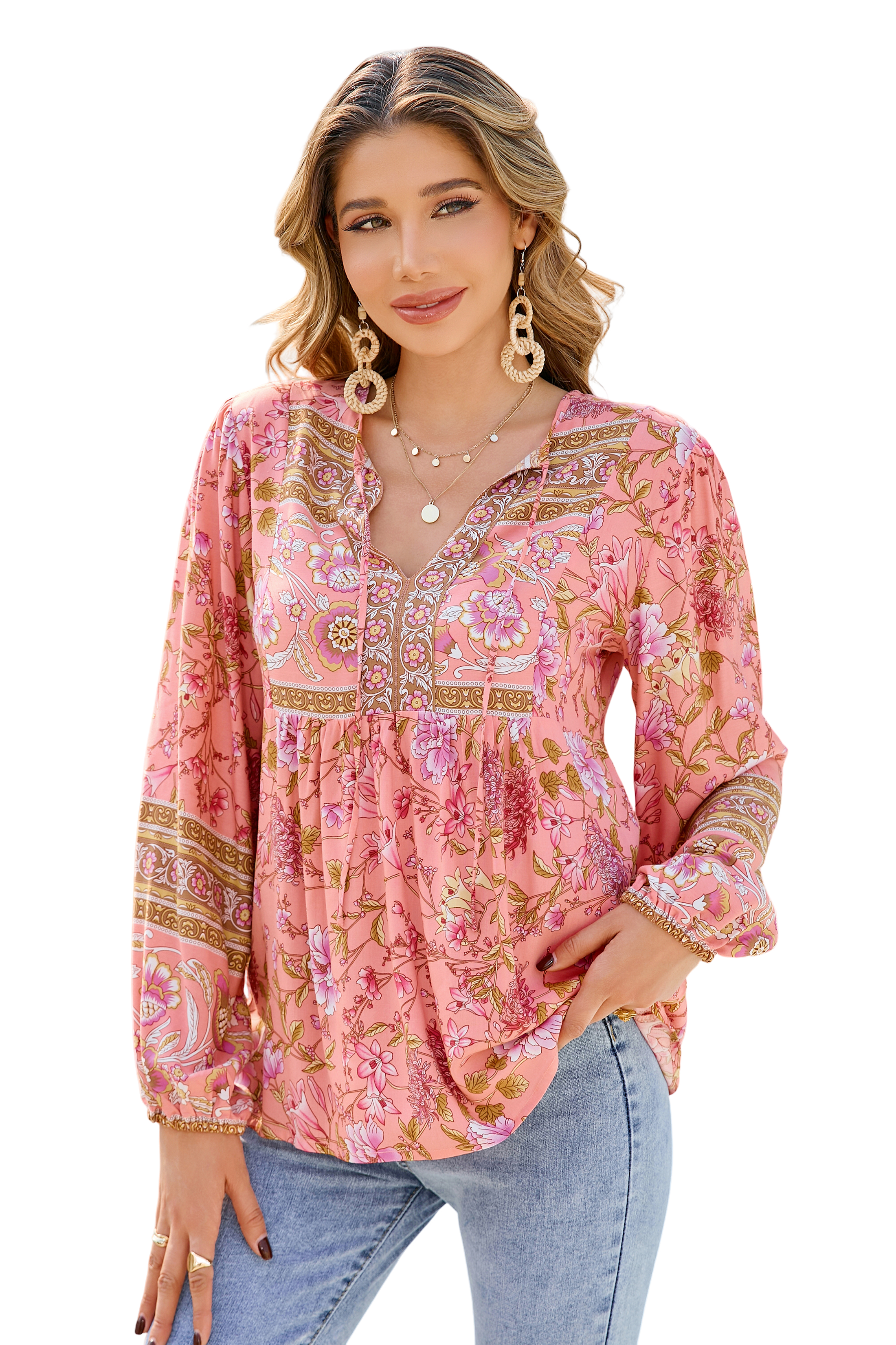 R.Vivimos Summer Boho Tops for Women 2025 Long Sleeve V Neck Floral Print Casual Loose Tunic Blouses Shirts