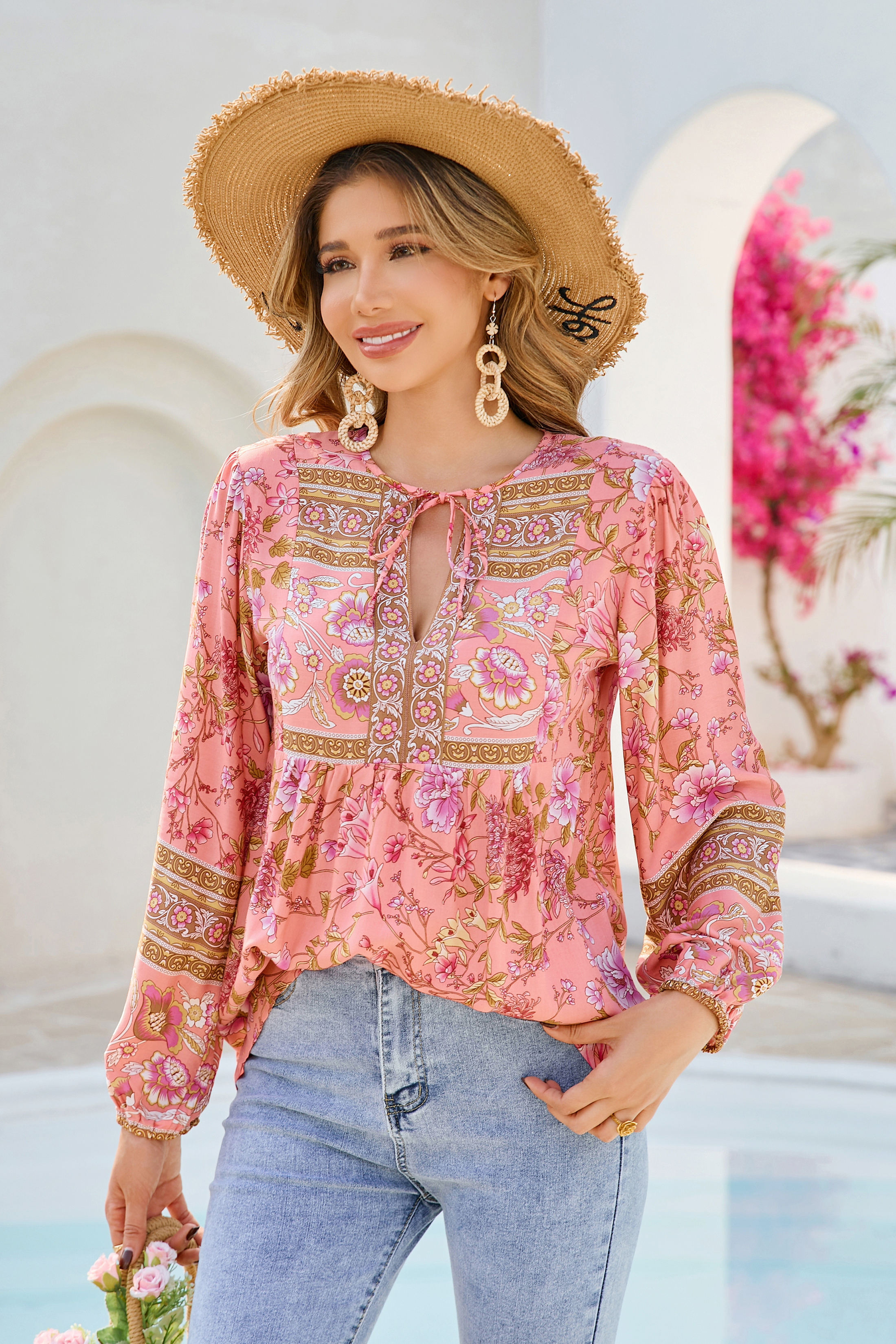 R.Vivimos Summer Boho Tops for Women 2025 Long Sleeve V Neck Floral Print Casual Loose Tunic Blouses Shirts2