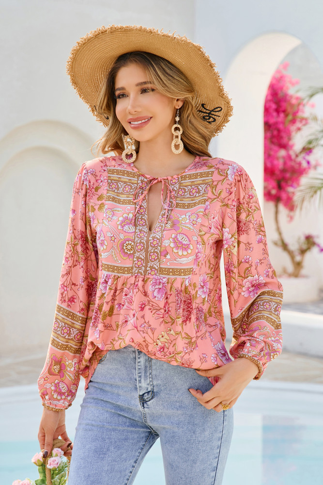 R.Vivimos Summer Boho Tops for Women 2025 Long Sleeve V Neck Floral Print Casual Loose Tunic Blouses Shirts