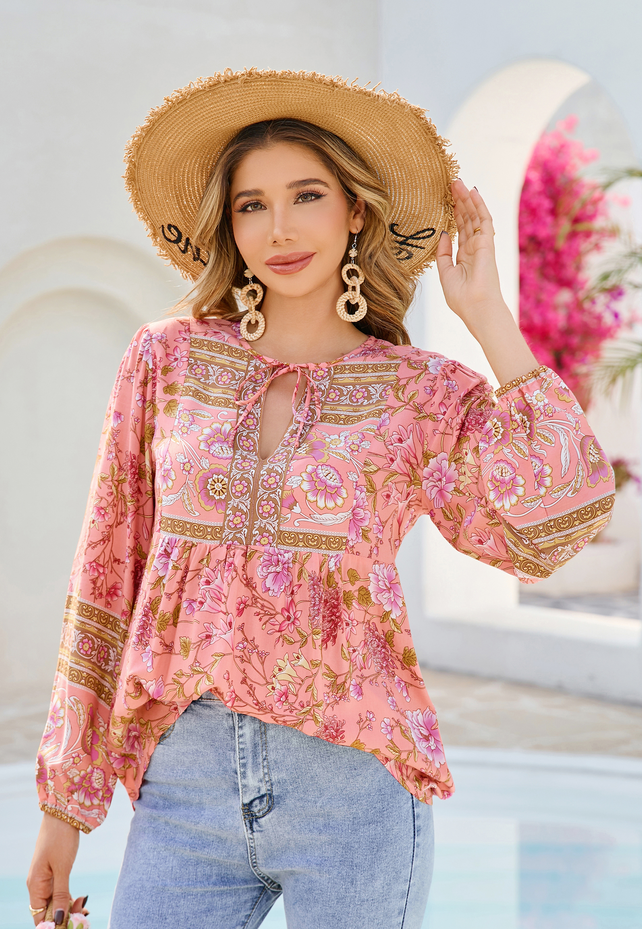R.Vivimos Summer Boho Tops for Women 2025 Long Sleeve V Neck Floral Print Casual Loose Tunic Blouses Shirts3