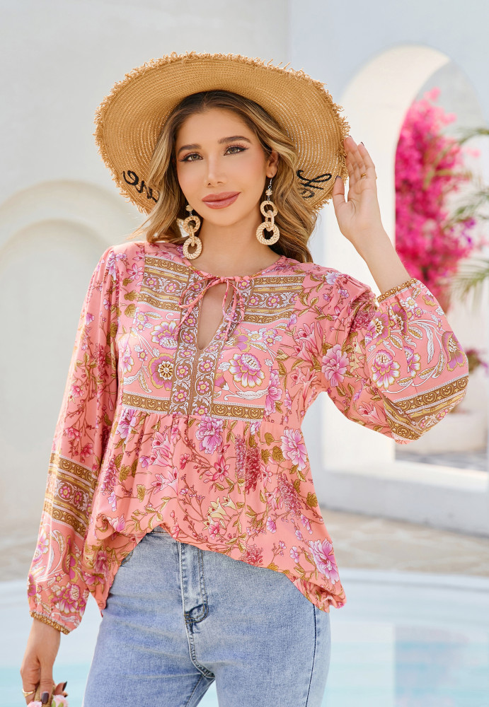 R.Vivimos Summer Boho Tops for Women 2025 Long Sleeve V Neck Floral Print Casual Loose Tunic Blouses Shirts