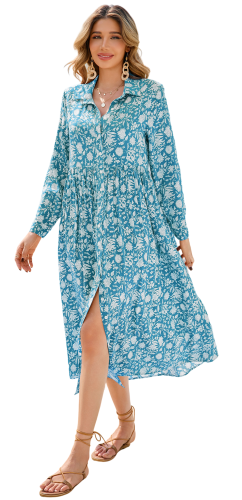 R.Vivimos Long Sleeve Boho Dresses for Women 2025 Floral Print Casual Button Down Loose Flowy Midi Shirt Dress with Pockets