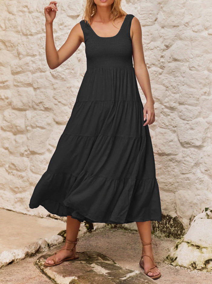 R.Vivimos Womens Summer Linen Tank Midi Dress 2025 Sleeveless Elastic Smocked A-Line Tiered Boho Casual Flowy Beach Sundress