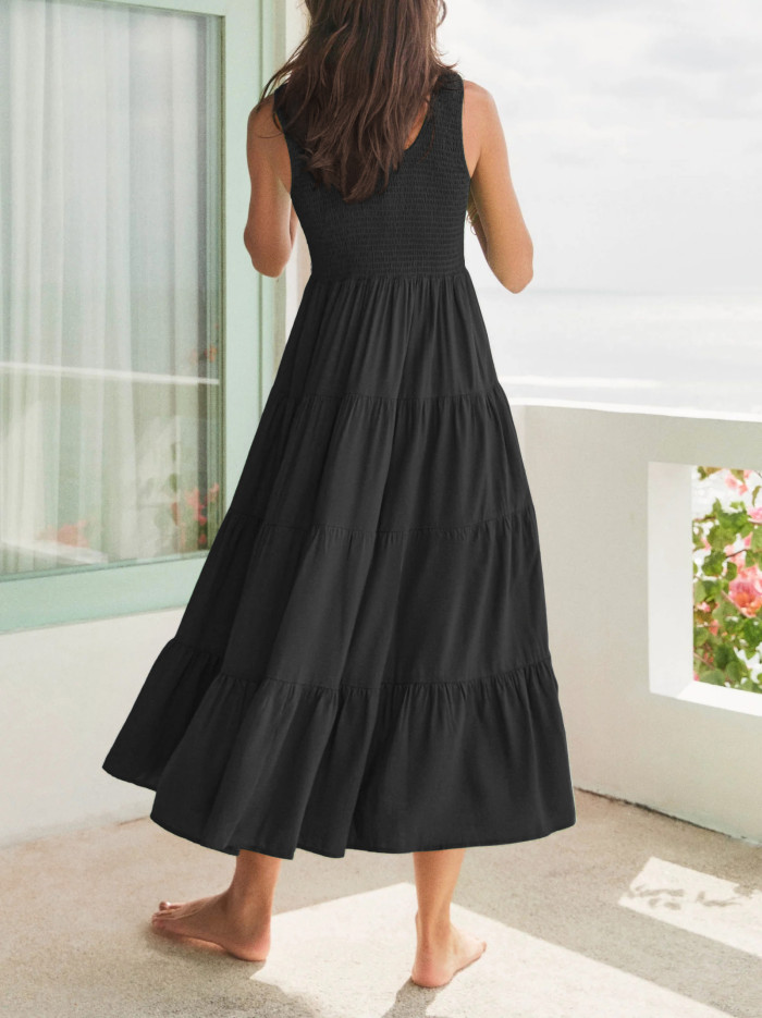 R.Vivimos Womens Summer Linen Tank Midi Dress 2025 Sleeveless Elastic Smocked A-Line Tiered Boho Casual Flowy Beach Sundress
