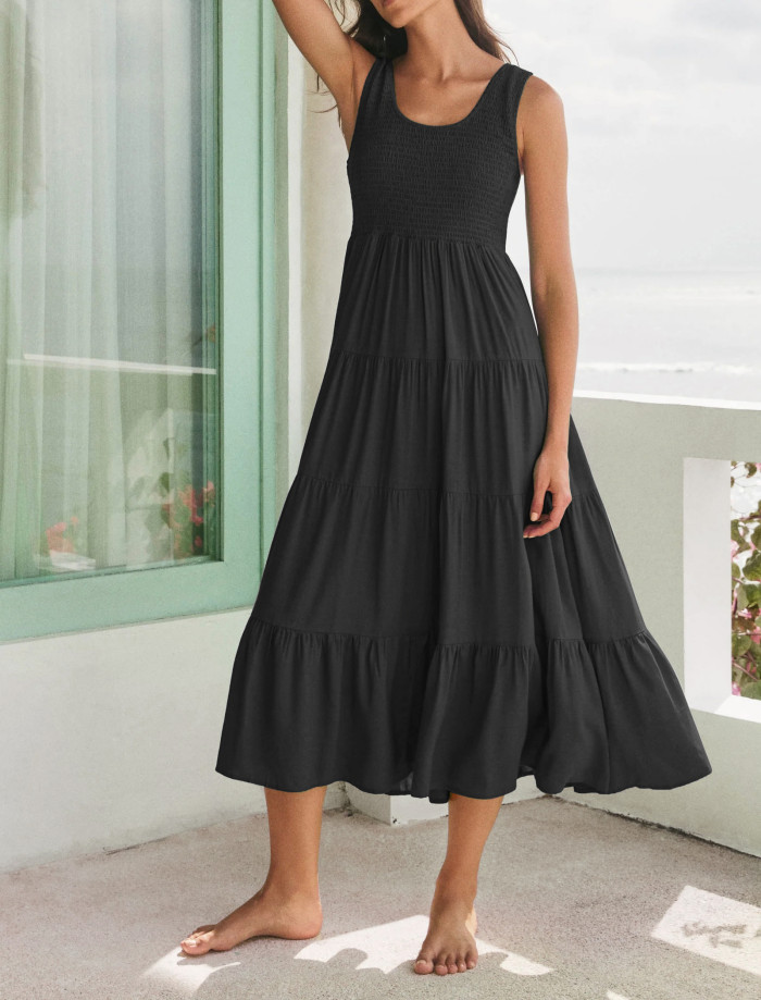 R.Vivimos Womens Summer Linen Tank Midi Dress 2025 Sleeveless Elastic Smocked A-Line Tiered Boho Casual Flowy Beach Sundress