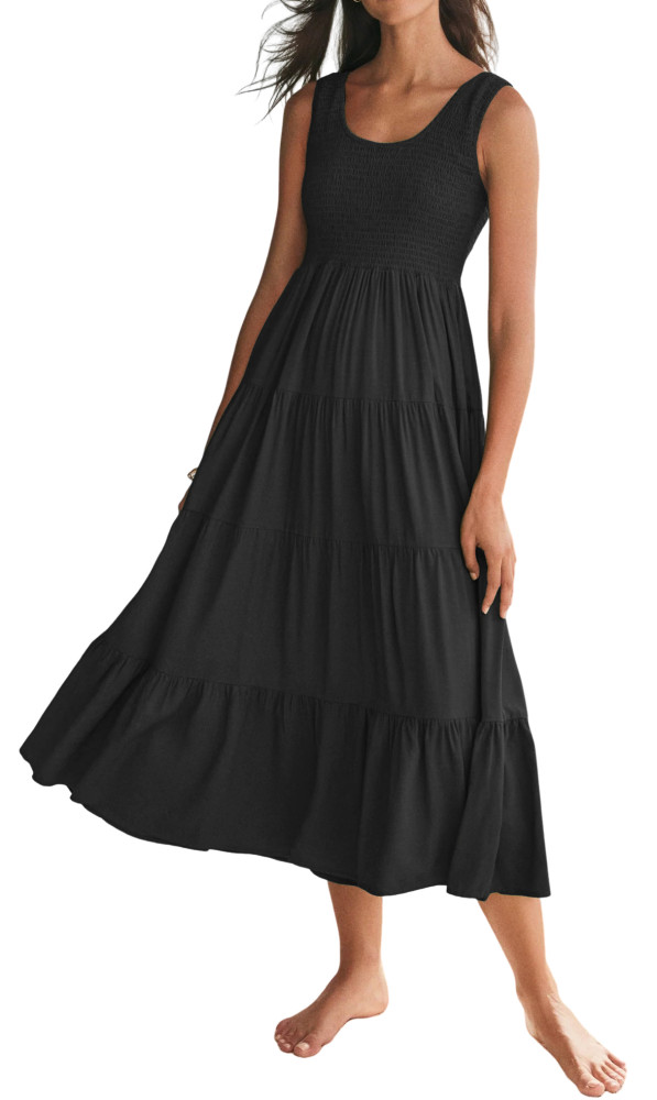 R.Vivimos Womens Summer Linen Tank Midi Dress 2025 Sleeveless Elastic Smocked A-Line Tiered Boho Casual Flowy Beach Sundress