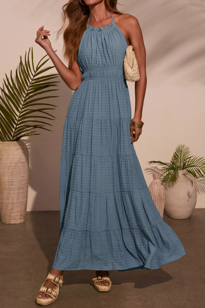 R.Vivimos Maxi Halter Dresses for Women Summer 2025 Boho Sleeveless Elastic Waist Sexy Backless Tiered Flowy Beach Sundress