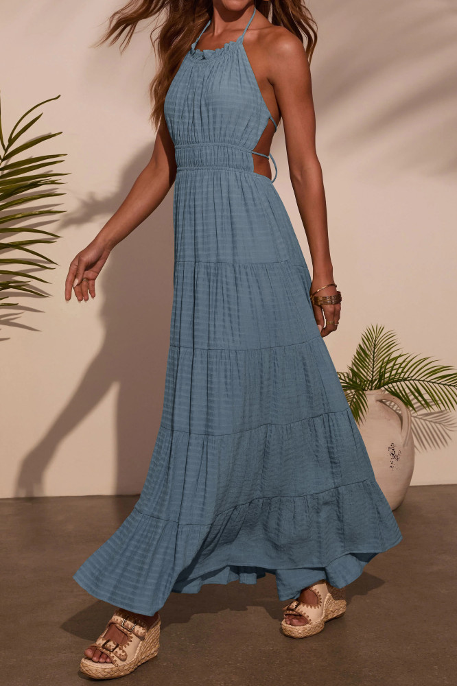 R.Vivimos Maxi Halter Dresses for Women Summer 2025 Boho Sleeveless Elastic Waist Sexy Backless Tiered Flowy Beach Sundress