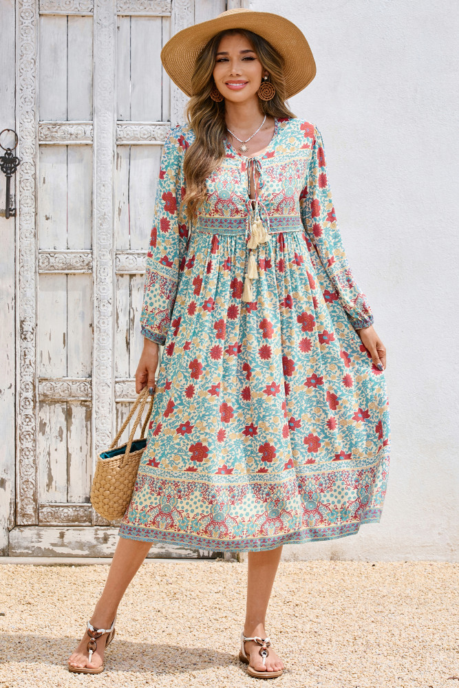 R.Vivimos Women's Long Sleeve Floral Print Retro V Neck Tassel Bohemian Midi Dresses