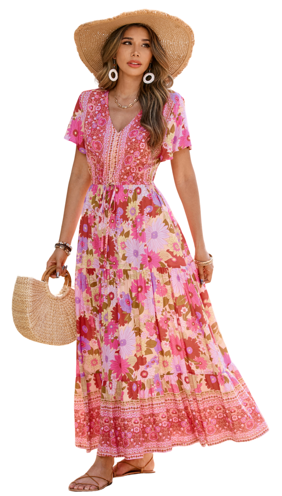 R.Vivimos Womens Summer Floral Print Cotton Short Sleeve Flowy Dress