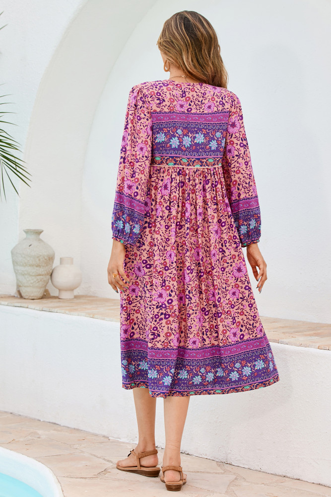 R.Vivimos Women's Long Sleeve Floral Print Retro V Neck Tassel Bohemian Midi Dresses
