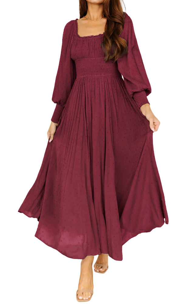 R.Vivimos Women's Puff Long Sleeve Maxi Dress Square Neck Elastic Empire Waist Swiss Dots Casual Flowy A-Line Long Dresses