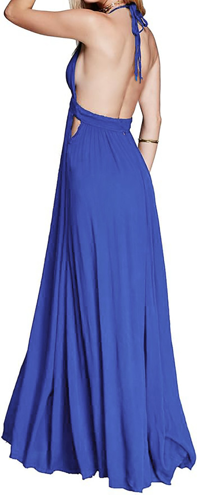 R.Vivimos Boho Maxi Dresses for Women 2025 Summer Sleeveless Halter Elastic Waist Sexy Backless Front Slit Flowy Long Dresses
