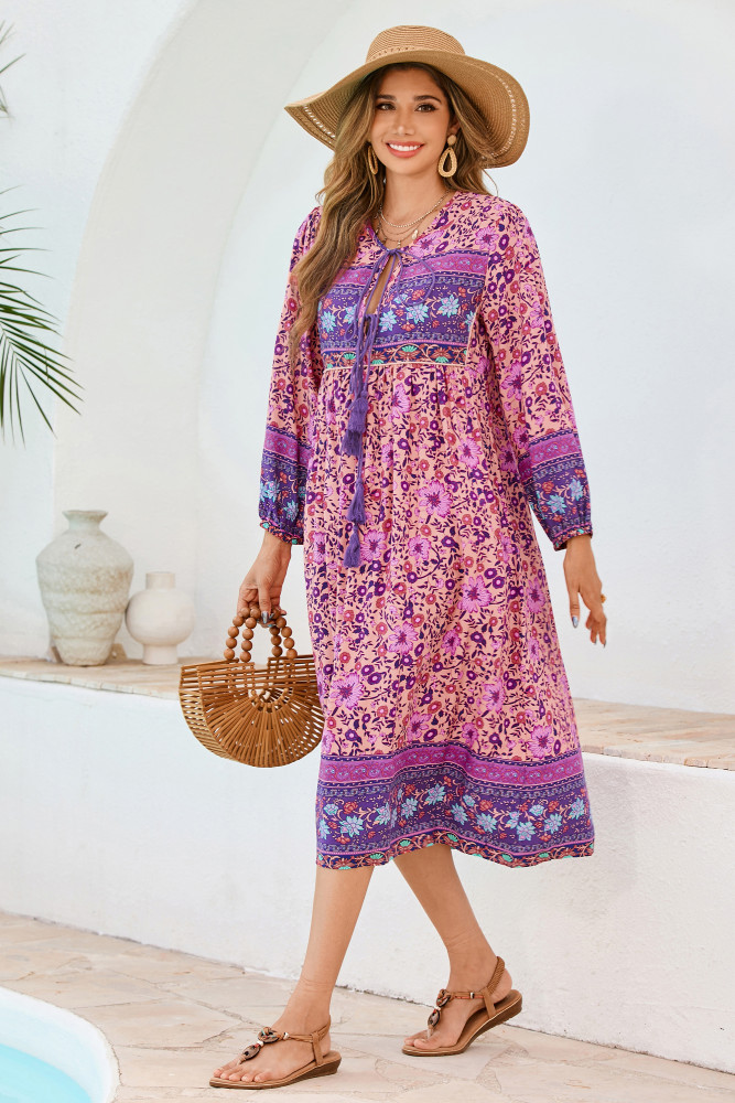 R.Vivimos Women's Long Sleeve Floral Print Retro V Neck Tassel Bohemian Midi Dresses