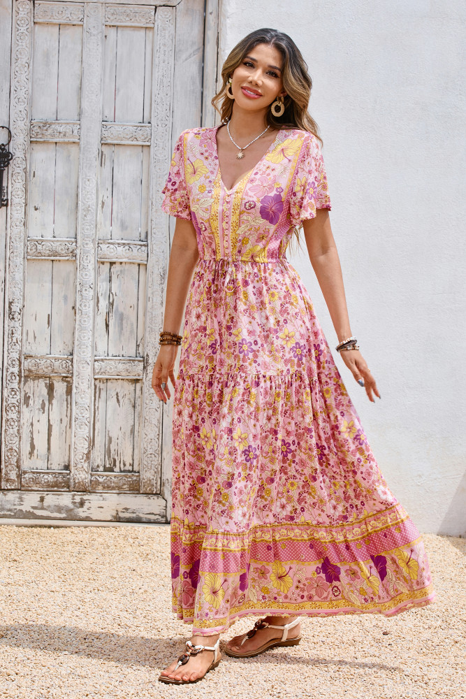 R.Vivimos Womens Summer Floral Print Cotton Short Sleeve Flowy Dress