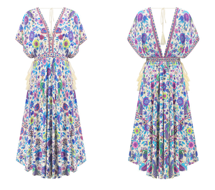 R.Vivimos Women Summer Print Deep V Neck Cotton Beach Midi Dresses