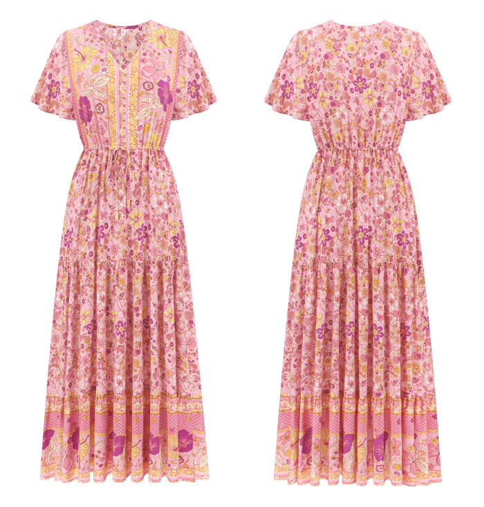 R.Vivimos Womens Summer Floral Print Cotton Short Sleeve Flowy Dress