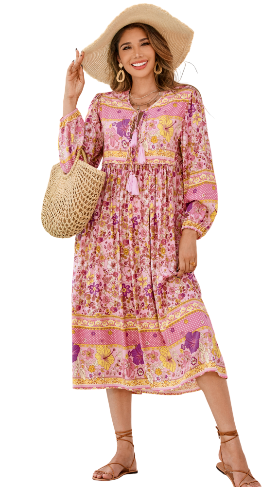 R.Vivimos Women's Long Sleeve Floral Print Retro V Neck Tassel Bohemian Midi Dresses