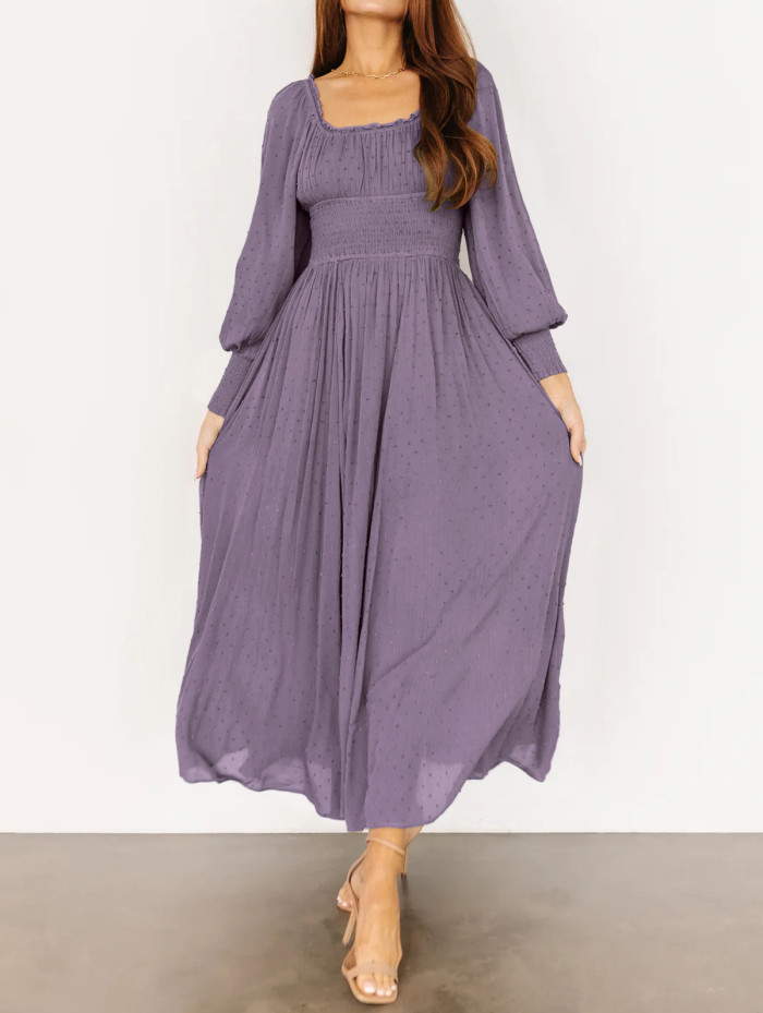 R.Vivimos Women's Puff Long Sleeve Maxi Dress Square Neck Elastic Empire Waist Swiss Dots Casual Flowy A-Line Long Dresses