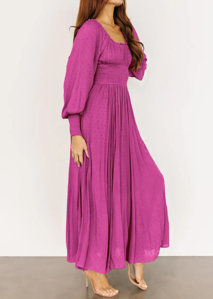 R.Vivimos Women's Puff Long Sleeve Maxi Dress Square Neck Elastic Empire Waist Swiss Dots Casual Flowy A-Line Long Dresses