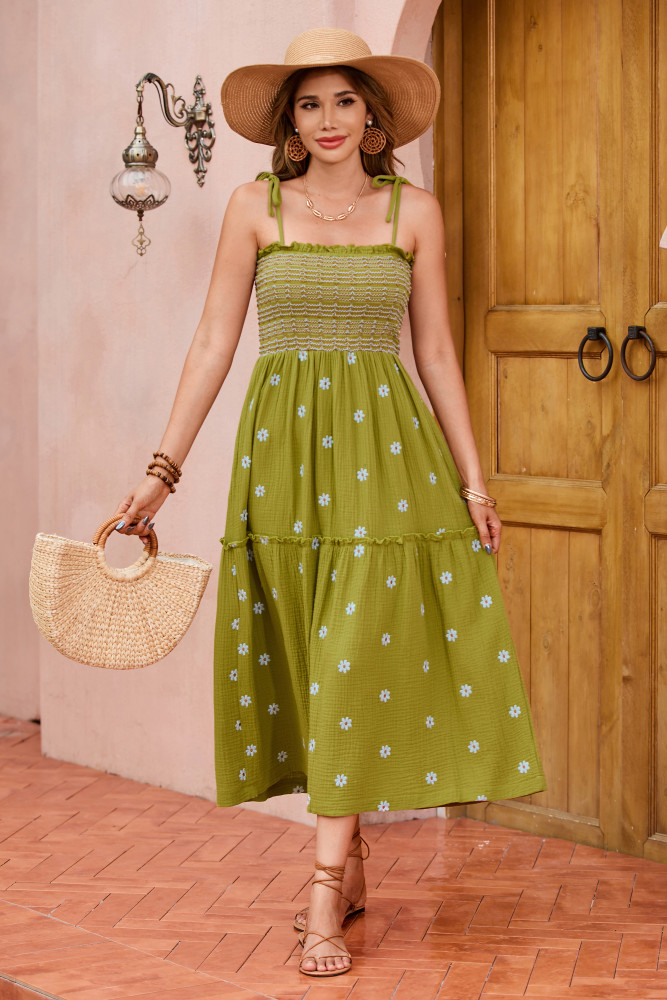 R.Vivimos Womens Summer Cotton Boho Midi Dress 2025 Spaghetti Strap Floral Embroidered Smocked Flowy Pockets Dress