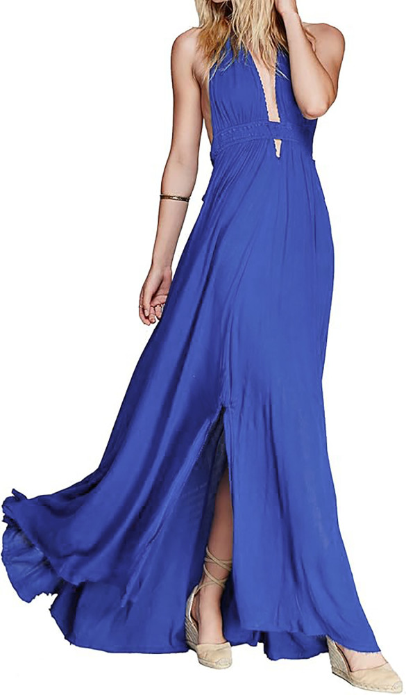 R.Vivimos Boho Maxi Dresses for Women 2025 Summer Sleeveless Halter Elastic Waist Sexy Backless Front Slit Flowy Long Dresses
