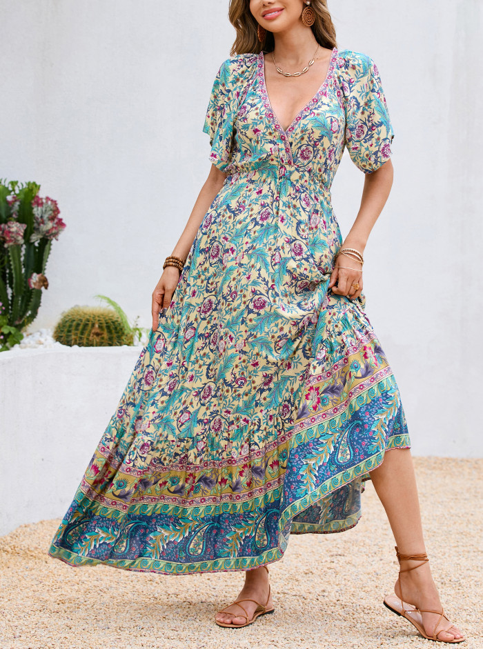princess polly baby blue dress R.Vivimos Women's Summer V Neck Maxi Dress Boho Floral Print Short Sleeve  Elastic Waist Ruffle