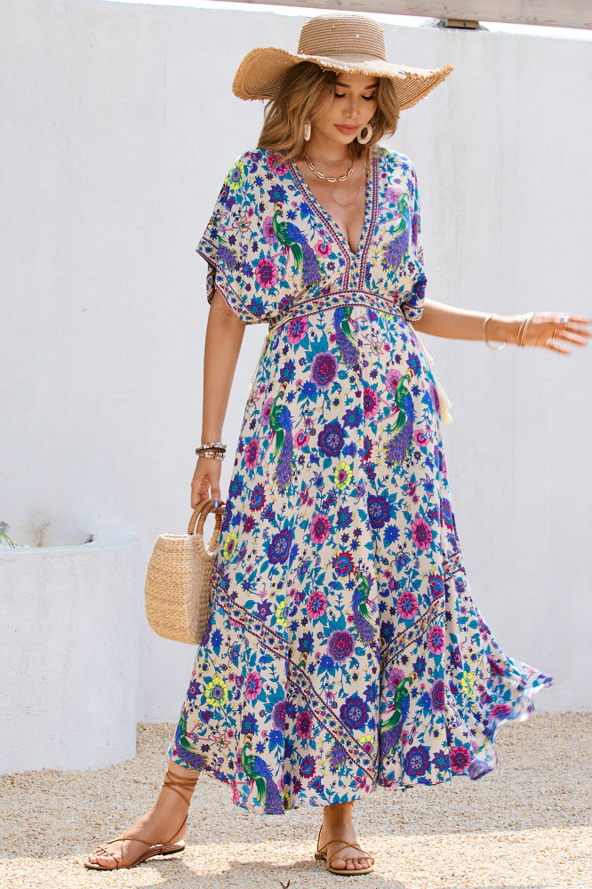 R.Vivimos Women Summer Print Deep V Neck Cotton Beach Midi Dresses
