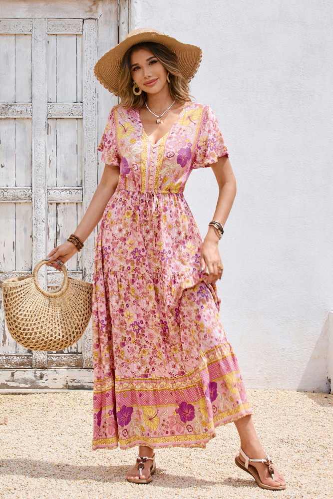 R.Vivimos Womens Summer Floral Print Cotton Short Sleeve Flowy Dress