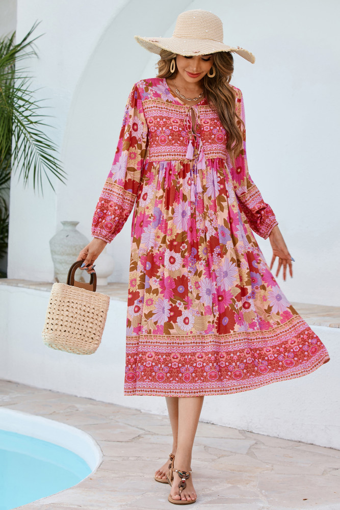 R.Vivimos Women's Long Sleeve Floral Print Retro V Neck Tassel Bohemian Midi Dresses