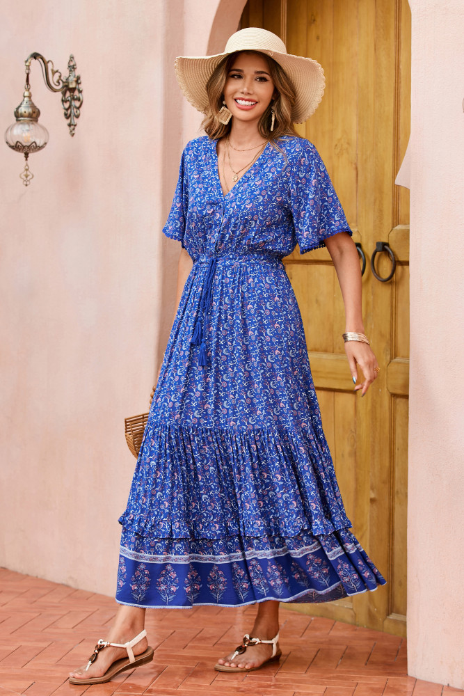 R.Vivimos Womens Summer Cotton Short Sleeve V Neck Floral Print Casual Bohemian Long Dresses