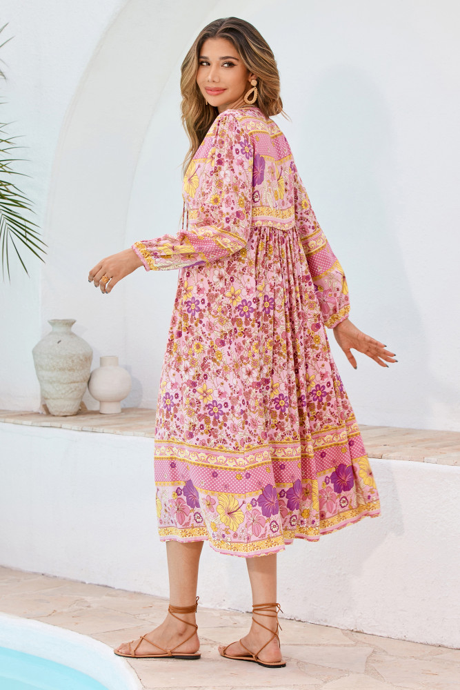 R.Vivimos Women's Long Sleeve Floral Print Retro V Neck Tassel Bohemian Midi Dresses