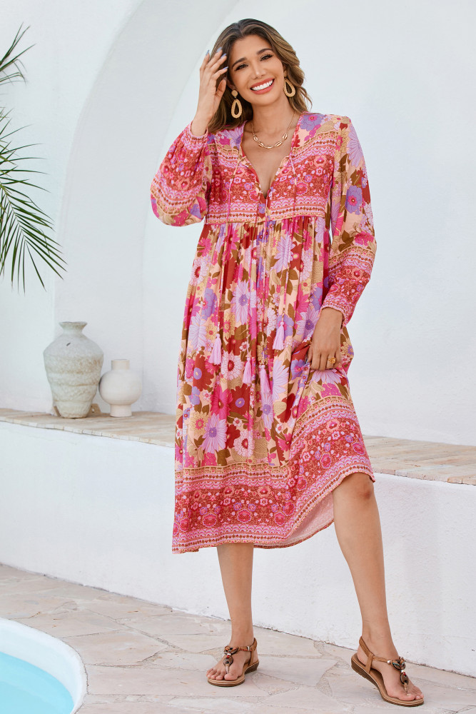 R.Vivimos Women's Long Sleeve Floral Print Retro V Neck Tassel Bohemian Midi Dresses
