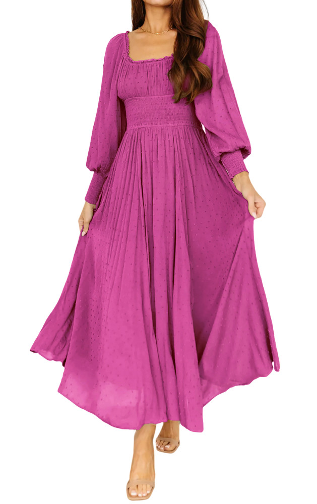 R.Vivimos Women's Puff Long Sleeve Maxi Dress Square Neck Elastic Empire Waist Swiss Dots Casual Flowy A-Line Long Dresses