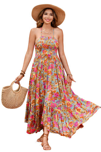 R.Vivimos Women's Summer Maxi Dress Spaghetti Strap Boho Floral Print Smocked Backless Casual Ruffle Flowy Long Dresses