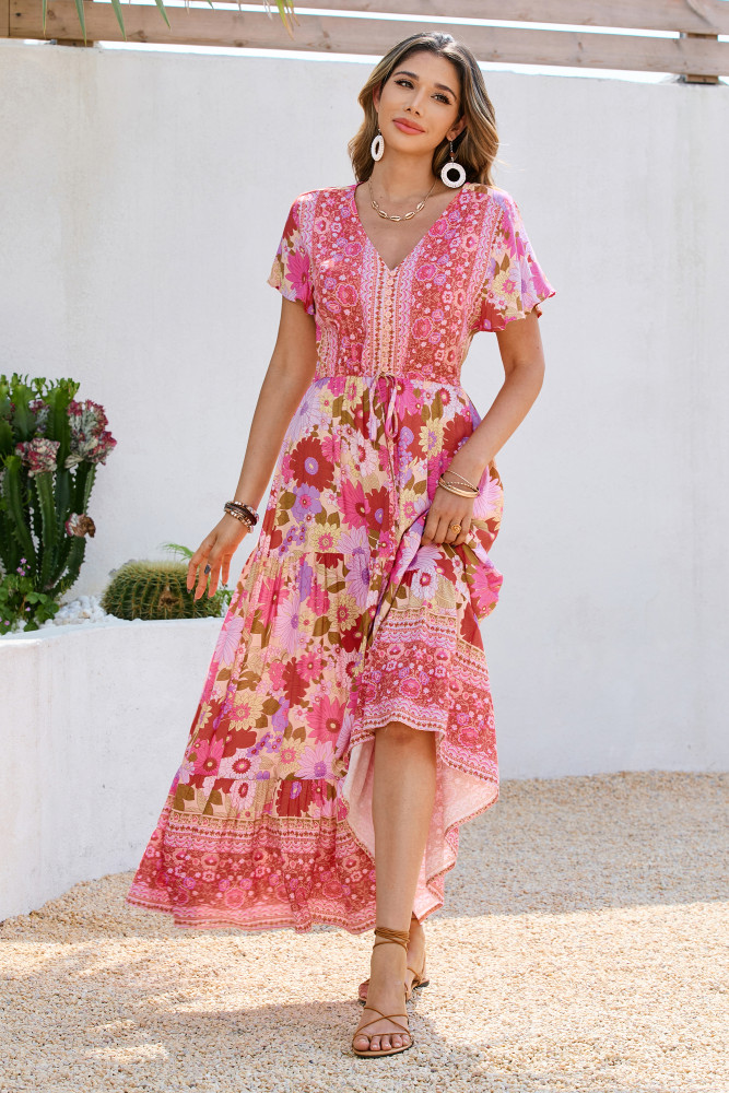 R.Vivimos Womens Summer Floral Print Cotton Short Sleeve Flowy Dress