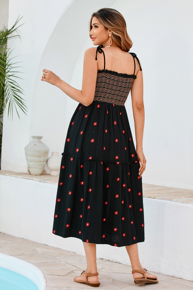 R.Vivimos Womens Summer Cotton Boho Midi Dress 2025 Spaghetti Strap Floral Embroidered Smocked Flowy Pockets Dress