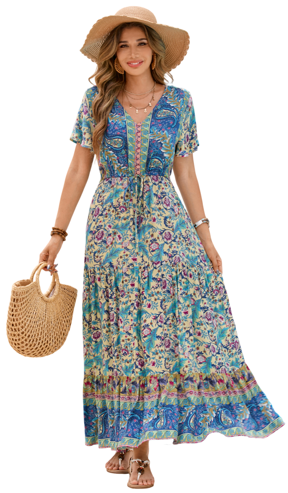 R.Vivimos Womens Summer Floral Print Cotton Short Sleeve Flowy Dress