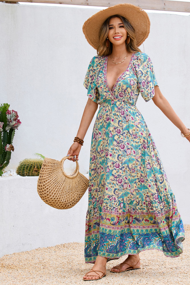 R.Vivimos Women's Summer V Neck Maxi Dress Boho Floral Print Short Sleeve Elastic Waist Ruffle Patchwork A-Line Beach Dress