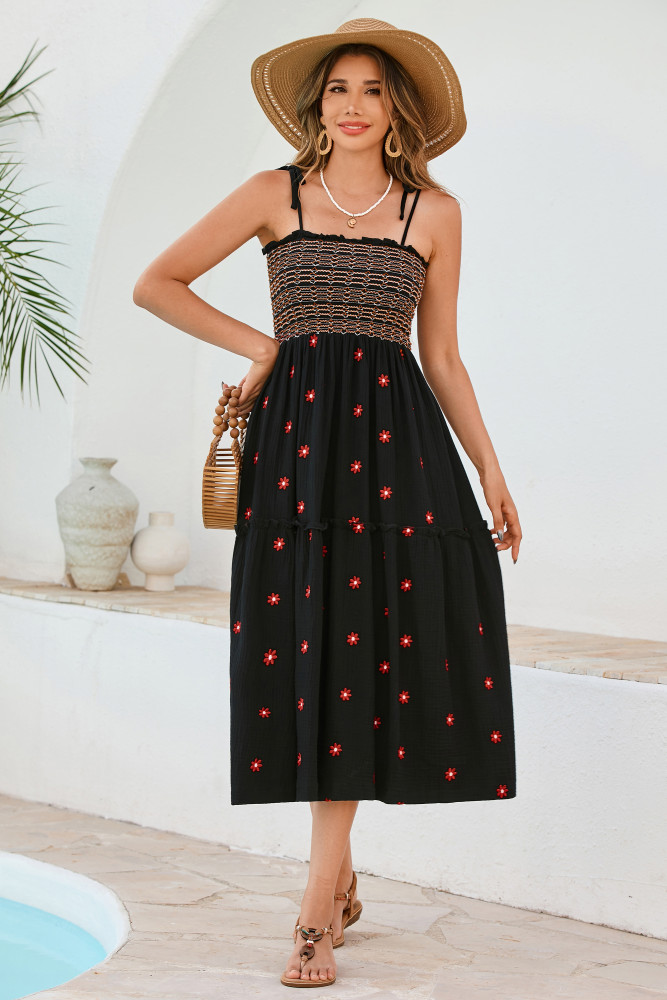 R.Vivimos Womens Summer Cotton Boho Midi Dress 2025 Spaghetti Strap Floral Embroidered Smocked Flowy Pockets Dress