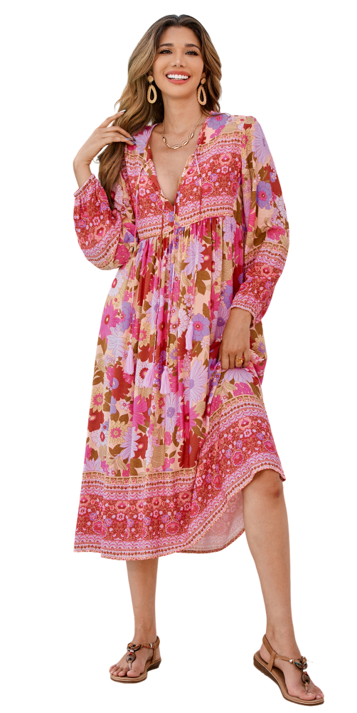 R.Vivimos Women's Long Sleeve Floral Print Retro V Neck Tassel Bohemian Midi Dresses