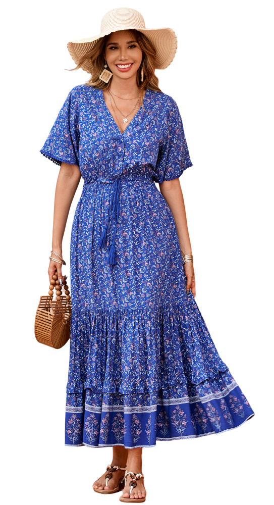R.Vivimos Womens Summer Cotton Short Sleeve V Neck Floral Print Casual Bohemian Long Dresses