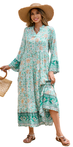R.Vivimos Women's Boho Floral Print Midi Dress 2025 Long Sleeve V Neck Button Up Casual Loose Flowy Beach Long Dresses