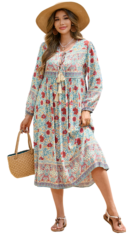 R.Vivimos Women's Long Sleeve Floral Print Retro V Neck Tassel Bohemian Midi Dresses