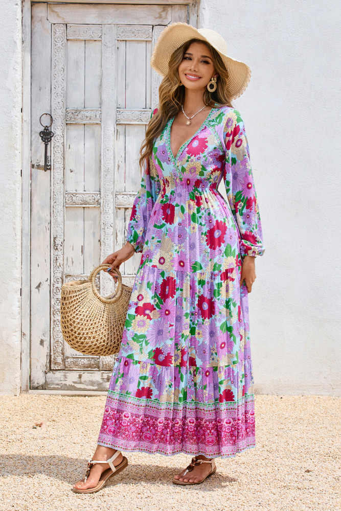 R.Vivimos Women's Boho Floral Print Maxi Dress V Neck Long Sleeve Elastic Waist Casual Flowy Slit Long Sundress